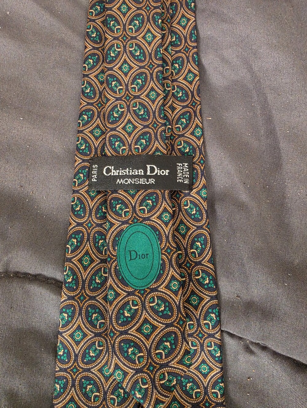 AUTHENTIC Dior Silk Tie in Green and Gold Geometric Pattern